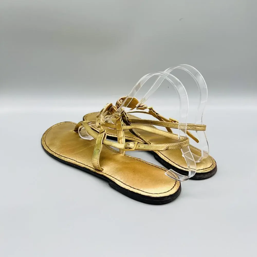 Tory Burch Sandals Womens 9 Gold Leather Thong Ankle Strap Logo Medallion Shoes